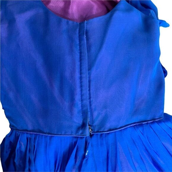 Vintage 50s Chiffon Swing Dress S Blue Long Sleeve Draped Waist Pleated TLC - Picture 8 of 10